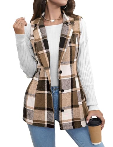 Mywinway Plaid Vest for Women 2025 Fall Winter Sleeveless Lapel Neck Long Blazer Jackets Cardigan Outerwear
