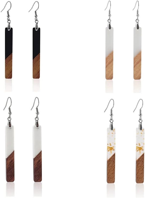 Retro Wooden Resin Geometric Bar Drop Dangle Earrings Layered Leopard for Women Polymer Clay Lightweight Statement Jewelry-4 Pairs/Set