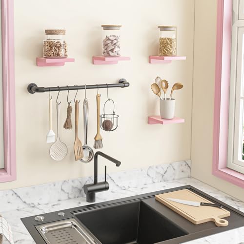 Image of Fixwal Small Floating Shelves for Wall Decor (Pink, Set of 4, 5Inch) | Rustic wood shelf for displaying mini frames, plants, collectibles. Fits bedroom, living room, bathroom, kitchen, or office.
