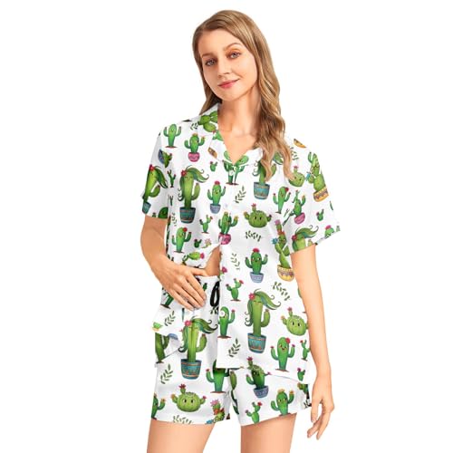 Image of Funny Pajamas for Women Set Print Satin Loungewear Pjs Short Sleeve Button Down Top and Shorts Sets Sleepwear XS-3XL