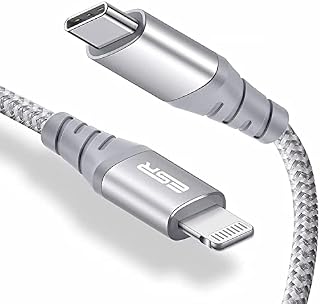 ESR USB-C to Lightning Cable, 0.5 ft (0.2 m), MFi-Certified, PD Fast Charging Cable for iPhone 14/14 Max/14 Pro/14 Pro Max, iPhone 13/12 Series, iPhone SE 2022/11/XR, Braided Nylon, Silver