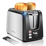 Aigostar Totoro - 2 Slice Toaster, Toasters with 2 Wide Slots, Compact Brushed Stainless Steel Toasters with Pop Up Reheat Defrost Functions, 7-Shade Control & Removable Crumb Tray