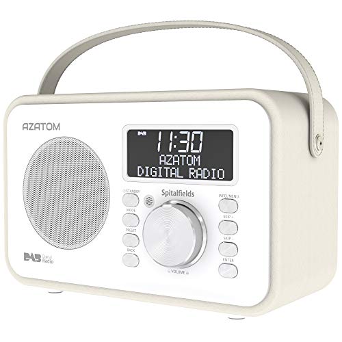 Spitalfields Retro DAB/DAB+ Digital FM Portable Radio/Alarm Clock/Leather Effect Finish/Mains Powered/Rechargable Battery/Subwoofer/Premium Stereo Sound (White) (Renewed)