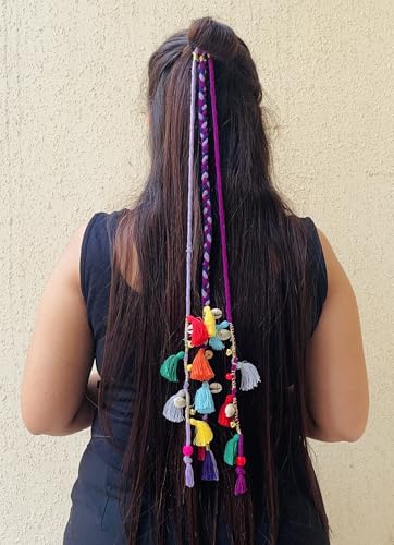 Image of Zippy Flora Boho Handmade Colorful Hair Strings for Navratri, Ethnic Look & Bohemian Styling, Braided Thread Hair Accessories & Hair Extensions, Full Length 20-22 Inch, Purple