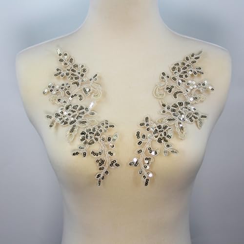SUNMOVE Pair of Embroidery Sequin Lace Applique Sewing Flower Fabric Collar Patch Motif Wedding Gown Dress Bridal DIY Crafts （Light Gold） by SUNMOVE - Used condition - Image 5