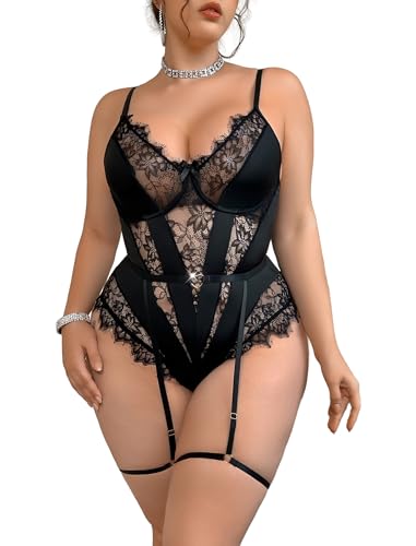 Yulinkzed Women's Floral Lace Lingerie Set Sexy Babydoll Sleepwear Underwire Bodysuit La Perla For Women Peekaboo Black 4XL