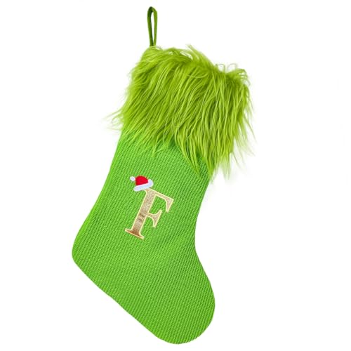 MOJDIOSM Green Christmas Stockings with Initials, 18” Knit Monogram Christmas Stockings with Golden Letter, Large Personalized Christmas Stocking for Christmas Tree Fireplace Home Decor