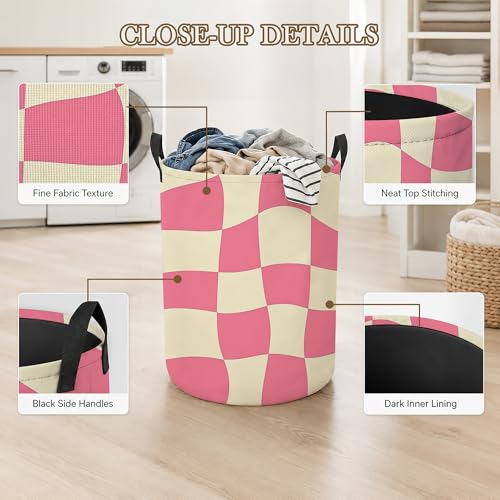 Image of Abstract Chessboard Laundry Basket, Foldable Oxford Cloth Pink Checkerboard Laundry Hamper with Handles, Tote Bag Clothes Storage Bucket for Laundry Room /Bathroom /Bedroom /Dormitories 20.8 inchx16 inch