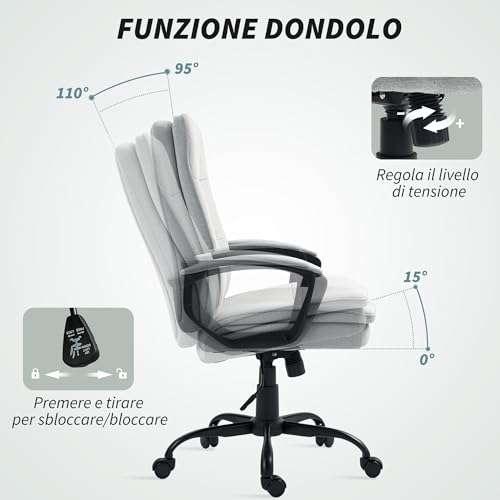 Sedia da Ufficio Ergonomica con Schienale Alto e Bracciolo, Poltrona da Ufficio Girevole con Altezza Regolabile e Funzione Dondolo, 63x70x102-112 cm, Grigio - Sedia gaming - Immagine 5
