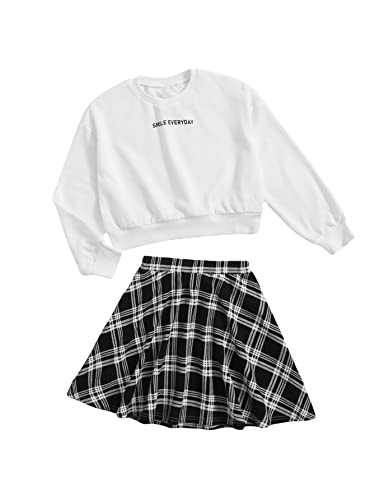 Milumia Girl's Two Piece Outfits Crewneck Sweatshirt And Plaid A Line Short Skirt Sets Black And White 7 Years #TOP4