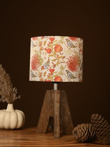Image of Green Girgit Decorative Tri-Leg Stand Wooden Table Lamp with Brown Birdy Multicolor Shade Bedside & Reading Night Lamp for Bedroom, Living Room & Home Decor | Warm Ambient Light