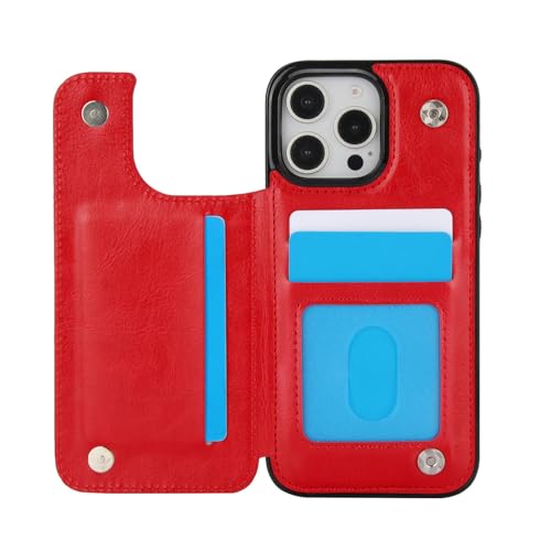 for iPhone 16 Pro Case with Credit Card Holder,RFID Blocking,PU Premium Leather Double Magnetic Clasp Kickstand Heavy Duty Protective Cover.(Red) Red iPhone 16 Pro