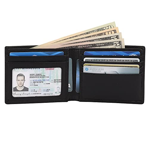 Mens Leather Wallet with ID, Slim Design | RFID Blocking, 5 Credit Card Slots, 1 ID Window, 2 Sections for Bills & 2 Additional Slots | Gift Boxed by Botanner Genuine Leather -Black2