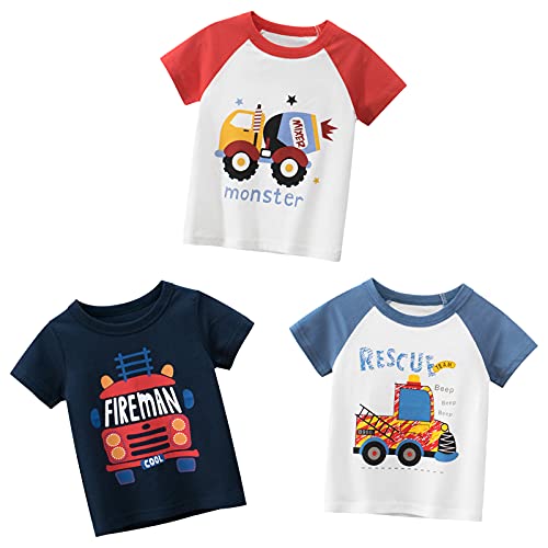 Lot de 3 T-Shirt Garçon à Manches Courtes Coton Enfants Bébé Été Cartoon Tee 1-7 Ans Auto, 4T (3-4 Ans)