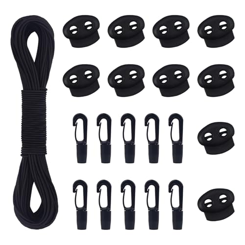 AWBEOT Corda Elastica 3mm x 30m, Tenditore Elastico Nero, Elastico in Gomma, Corde Elastiche con 10 Fermacorda a Molla, 10 Gancio in Plastica, per Teloni, Tende, Trasporto, Lacci, Zaino