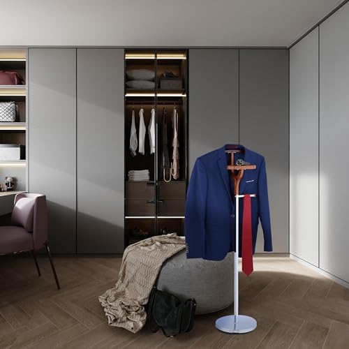 Relaxdays Herrendiener, für Jackett & Hose, mit Ablage, HBT: 120 x 45 x 28 cm, Stahl & MDF, Stummer Diener, silber/braun