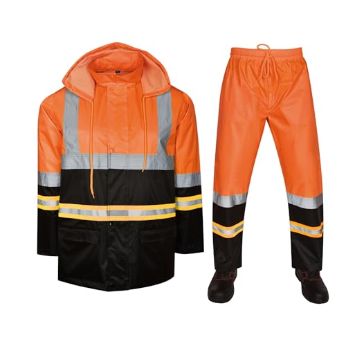 mymixtrendz Hi Vis Viz Lightweight Contrast Rainsuit 2 Piece Set High Visibility Hooded Unisex Waterproof PVC Rain Suit Jacket & Trousers Workwear Rain Wear