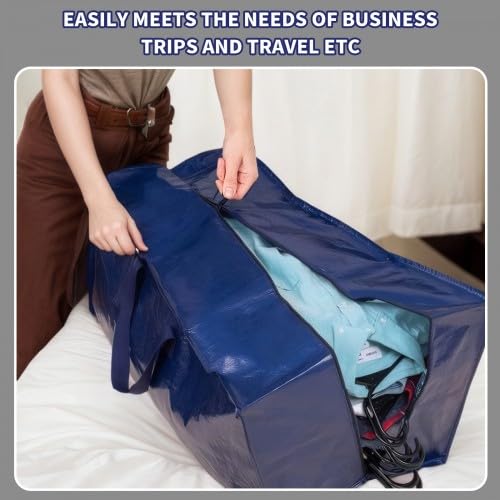 Focenat 4 Stück 92L Aufbewahrungstasche mit Griffe, Aufbewahrung Groß,Tragetasche mit Reißverschlüssen und Etikettentasche,Umzugstaschen mit Rucksackgurten für Camping Kleidung Aufbewahrung Blau