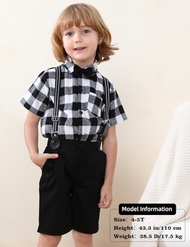 Image of A&J DESIGN Toddler Gentleman Outfit Boy Easter Wedding Formal Suspender Summer Flannel Tartan Dress Checkered Suits Buffalo Plaid Black 2-3T