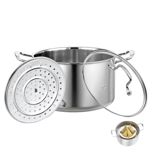 Ollas Para Tamales, 5.5 Quart Stock Pot with Steamer Insert and Glass Lid, Stainless Steel Steamer Pot, with Multi-Hole Vaporera, Large Capacity Cookware for Even Cooking, Ideal for Steaming Tamales