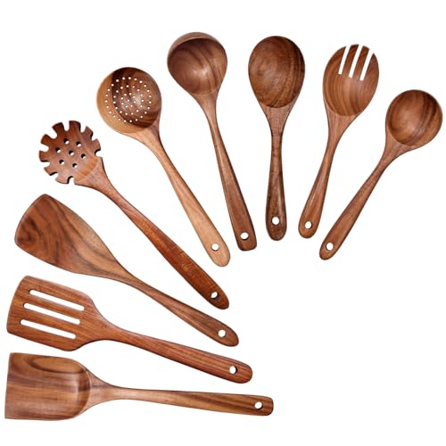 Wooden Spoons for Cooking 9 Pieces Set, TeakWooden Kitchen Utensil Set, Wooden Cooking Utensils Spoons, Spatulas, Heat-Resistant, Lightweight & Durable, Perfect for Non-Stick Cookware