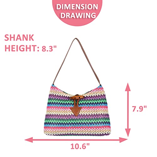 Straw Bag for Women,Shoulder bag, Bohemian underarm bag, Colorful Hand-Woven Patchwork Leather Shoulder Strap, Beach Bag Suitable for Beach, Travel, Daily Matching (Pink)2