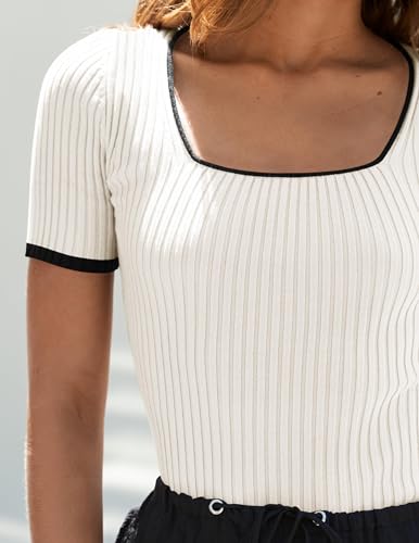 ZESICA Women's Short Sleeve Square Neck Color Block T Shirt 2025 Summer Slim Fit Ribbed Knit Basic Tee Tops,White,Medium