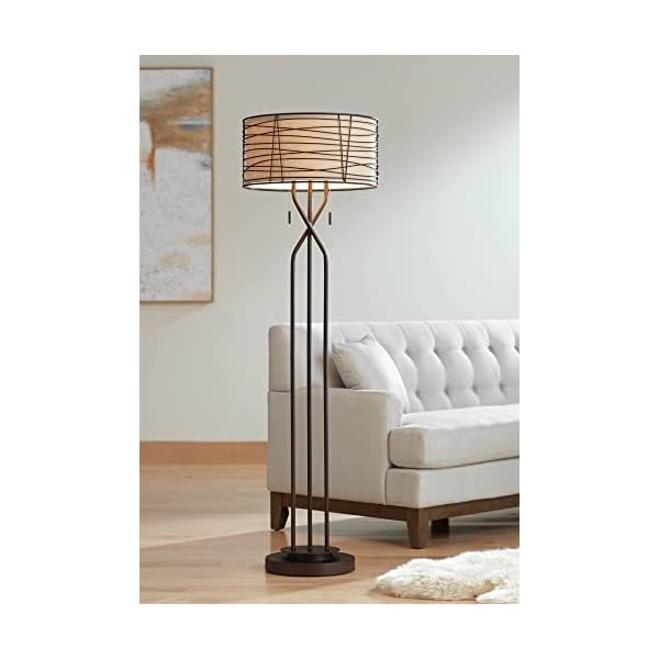 Franklin iron works marlowe industrial rustic farmhouse floor lamp standing 60 12 tall bronze woven iron metal burlap fabric double drum shade for living room reading bedroom office house home  urban country home decor
