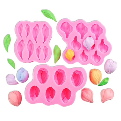 Cestony 3Pcs Tulip flowers, petals, leaf shapes Silicone Molds for DIY Cake Fondant Biscuit Cookies Soap Sugar Pudding Chocolate Hard Candies Dessert Candle Decor