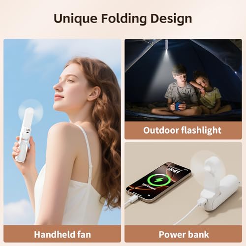 Morelax Portable Fan, Mini Handheld Fan with Power Bank, Cute USB Rechargeable Pocket Fan, Foldable Small Cooling Fan with LED Light, Personal Travel Fan,Summer,Beach Essentials,Summer Gift for Women — view 4