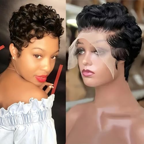 Sumcas Short Lace Front Wig for Black Women Human Hair Glueless Curly Pixie Cut Lace Front Wig Pre Plucked 13x4 Lace Wig with Baby Hair 1B Color 150% Density