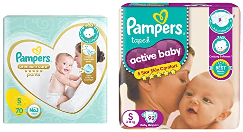 Image of Pampers Premium Care Pants, Small Size Baby Diapers (SM), 70 Count, Softest Ever Pampers Pants & Active Baby Taped Diapers, Small Size Diapers, (SM) 92 Count, Taped Style Custom fit
