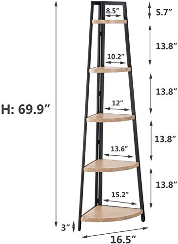 O&K Furniture 5 Shelf Industrial Corner Bookcase And Shelf, A-Shaped Display Corner Storage Rack Bookshelf-70-Inch, Oak Finish #TOP5