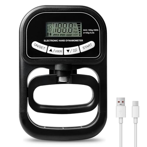 Medidor de fuerza de mano digital, medidor de fuerza de agarre digital, 265 kg/120 kg, dinamómetro digital de mano, comprobador de fuerza de agarre con cable de carga USB, pantalla LED grande para