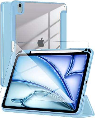 eller santé® 2IN1 Combo Back Flip Stand Cover Case + Tempered Glass for iPad Air 11 inch (M2) 360 Degree Pencil Holder Free-Angle Viewing with Adjustable Stand Auto Wake/Sleep- Sky Blue