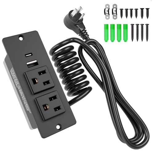 Exqutoo Drawer Outlet Kit, Toma de Cajón Empotrado con 4 Tomas de Corriente | Regleta de Energía Ordenada, 2 Puertos AC de 12 Amp, USB-A y USB-C, Cable de 6.9 pies con Resortes, Certificado UL miniatura 1