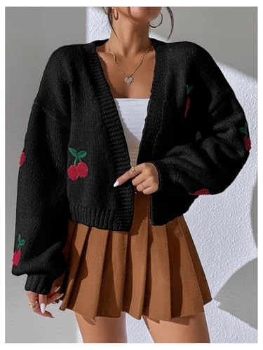 Image of GORGLITTER Women's Cherry Cropped Cardigan Sweaters Open Front Long Sleeve Cute Chunky Knit Short Cardigan Trendy