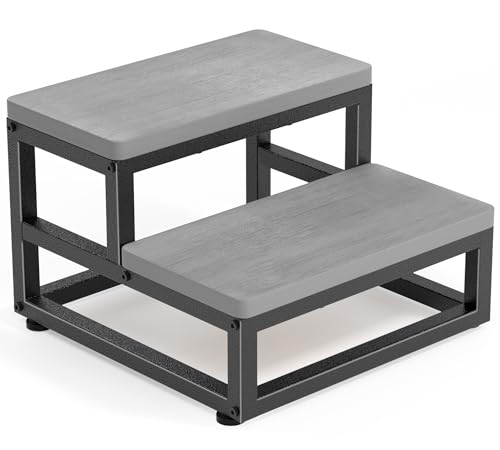 Y&M Two Step Stool for Adults Kids, Bed Step Foot Stool with Adjustable Non-Slip Feet, Portable Sturdy Metal Frame Stepping for Kitchen Bathroom Bedroom Living Room, Indoor or Outdoor Use, Grey