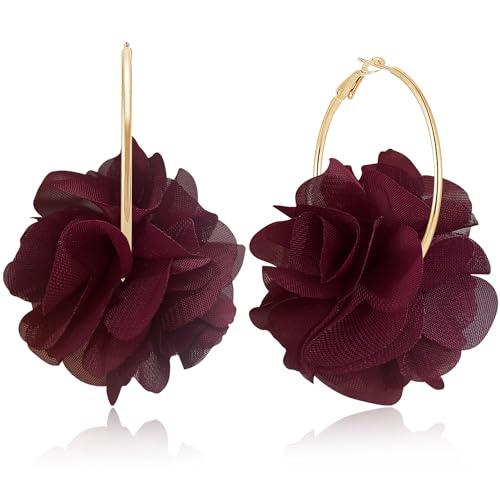 NONQL Bohemian Aesthetic Fabric Flower Lightweight Hoop Earrings Handmade Summer Vacation Dangle Drop Earrings For Women