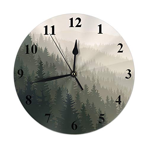 AOYEGO Forest Wall Clock Nature Tree Fog Valley Spruce Scene Mist Mystery Dusk Mountain Landscape Round Clocks Wall Decorative Silent No Ticking 10 inch 25cm PVC Rustic Modern for Bedroom