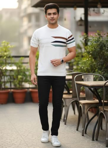 Image of Eonix Mens Regular Fit Round Neck Tshirt with Multicolored Lines Comfortable Cotton Blend Tee for Everyday Wear