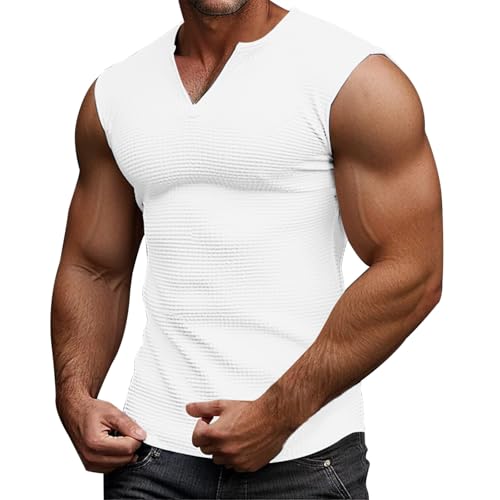 Camiseta sin mangas para hombre, sin mangas, cómoda, transpirable, absorbe la humedad, baloncesto, fitness, correr, entrenamiento, gimnasio, verano, cuello en V, ajuste muscular, blanco, S