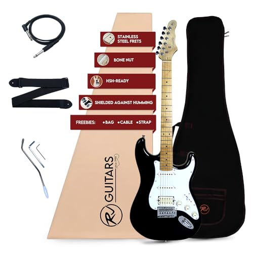 RJ Guitars Basic Electrics Skycaster フルサイズ 39インチ ソリッドボディ エレキギター Sタイプ ステンレスフレット ボーンナット HSS バッグ付 ストラップ ケーブル 大人用 初心者キット ブラック