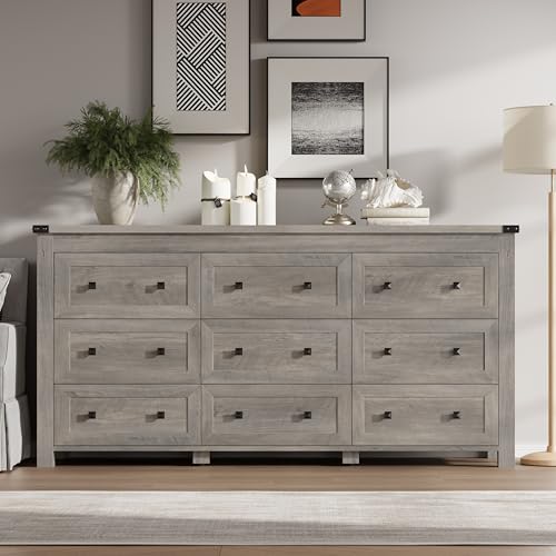Image of BORNOON 9-Drawer Dresser, Modern Wooden Storage Chest of Drawers, Dresser TV Stand, Wood Drawer Organizer with Metal Handles for Bedroom, Living Room, Hallway