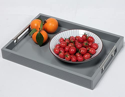 Serving Tray With Polished Metal Handles, 16''X12'' Rectangle Coffee Table Tray, Modern Decorative Tray, Large Ottoman Tray, Perfect For Storage And Display (Grey) #TOP3