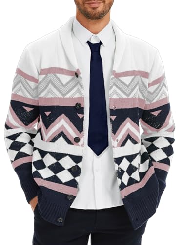 Mens Cardigan Sweater, Shawl Collar Long Sleeve Button Down Color Block Graphic Print, Fall Winter Casual Outfits