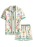VIPWOLF Men's Floral Short Sleeve Button Down Vacation Shirts and Drawstring Beach Shorts Sets Apricot Large