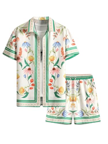 Men's Floral Short Sleeve Button Down Vacation Shirts and Drawstring Beach Shorts Sets