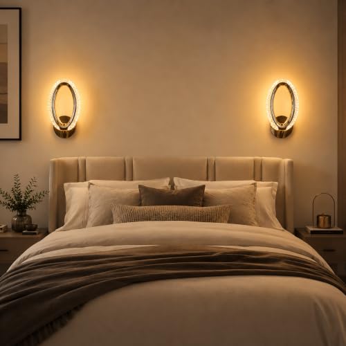 Image of fizzytech Crystal LED Wall Light, Modern Gold Finish Decorative Wall Lamp with 3 Colour Changing Modes for Living Room, Bedroom, Hallway & Home Decor (Oval, Pack of 1)