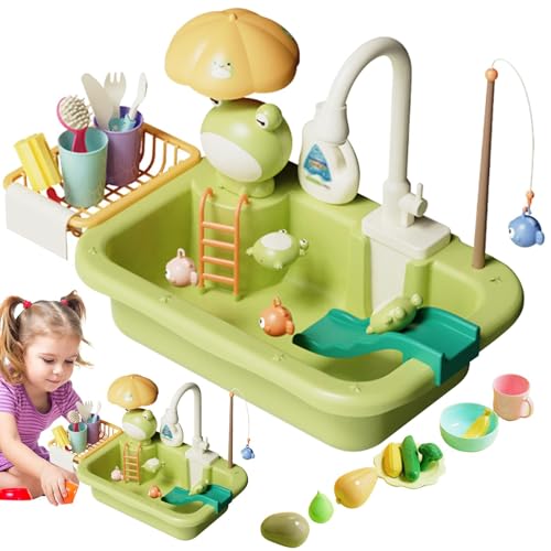 Fregadero de Juego con Agua Corriente,Fregadero de Juego | Juego de Piel de Cocina | Lavavajillas para, Juguete de Juego, de Ciclo de Agua automático, Juguetes de Juego de rol para niños y